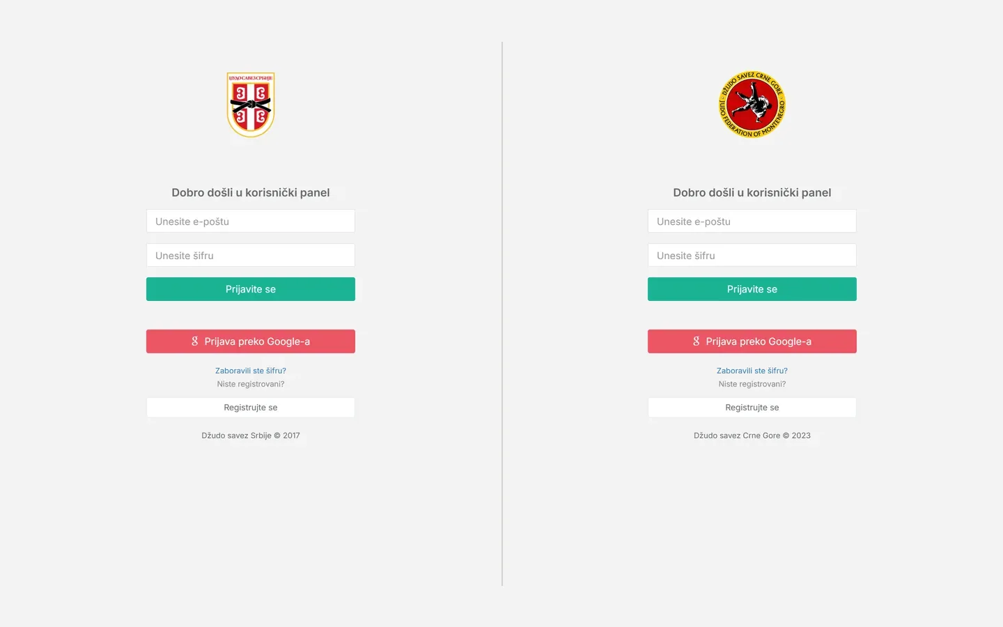 Control panel sign-in pages of the federations of Serbia and Montenegro, side by side